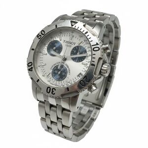 Tissot Silver Watch with White Dial and Dark Blue Subdials